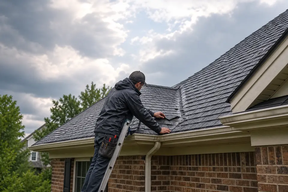 Roofer checking a damp roof after storm damage in Lexington