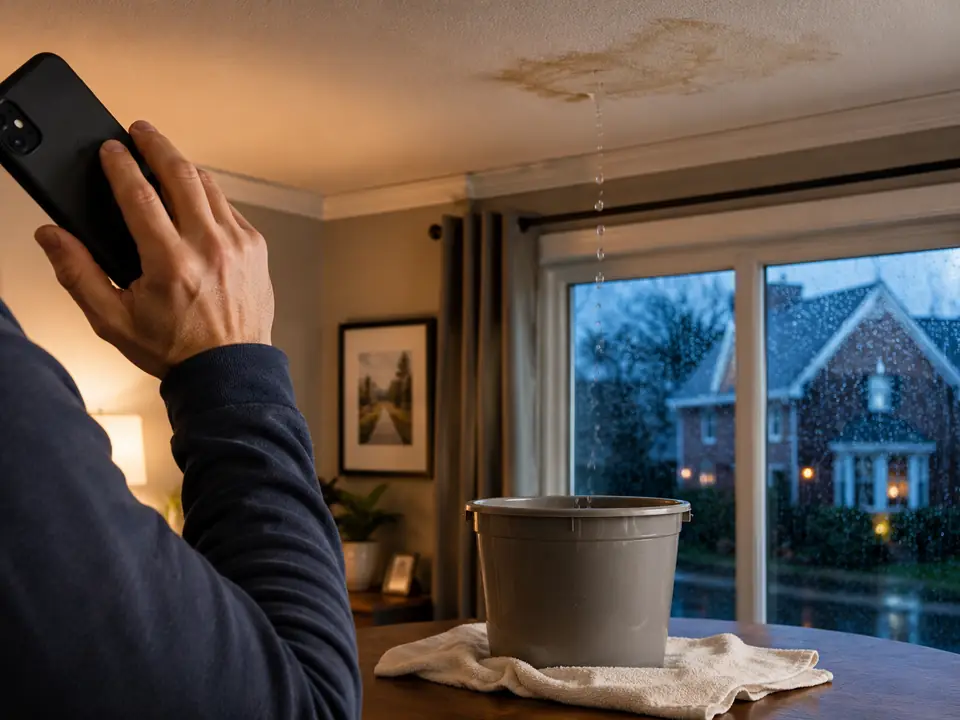 Homeowner calling a roofer during a roof leak in Lexington