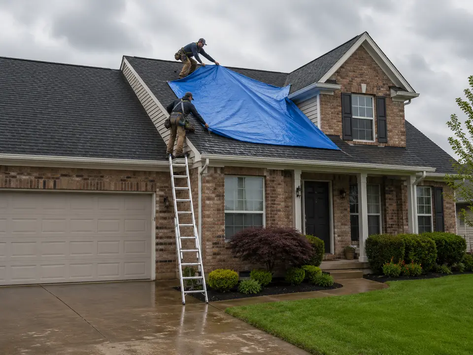 Roofers placing a tarp on a Lexington home after rain