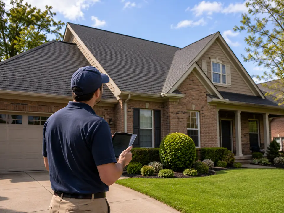 Roof inspector reviewing shingles on a Lexington home