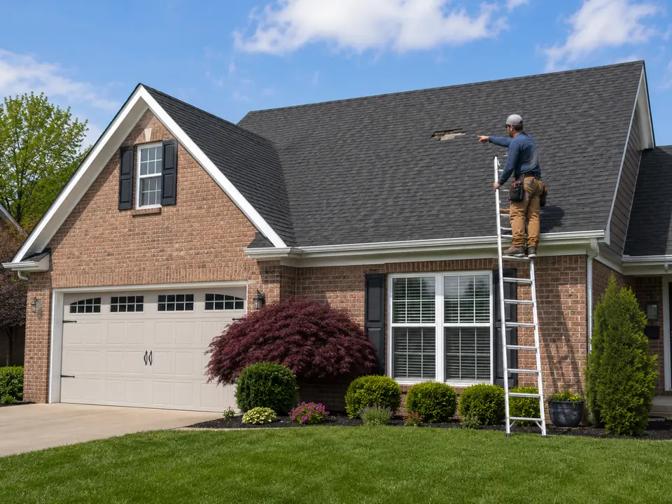 Roofer inspecting missing shingles on a Lexington roof