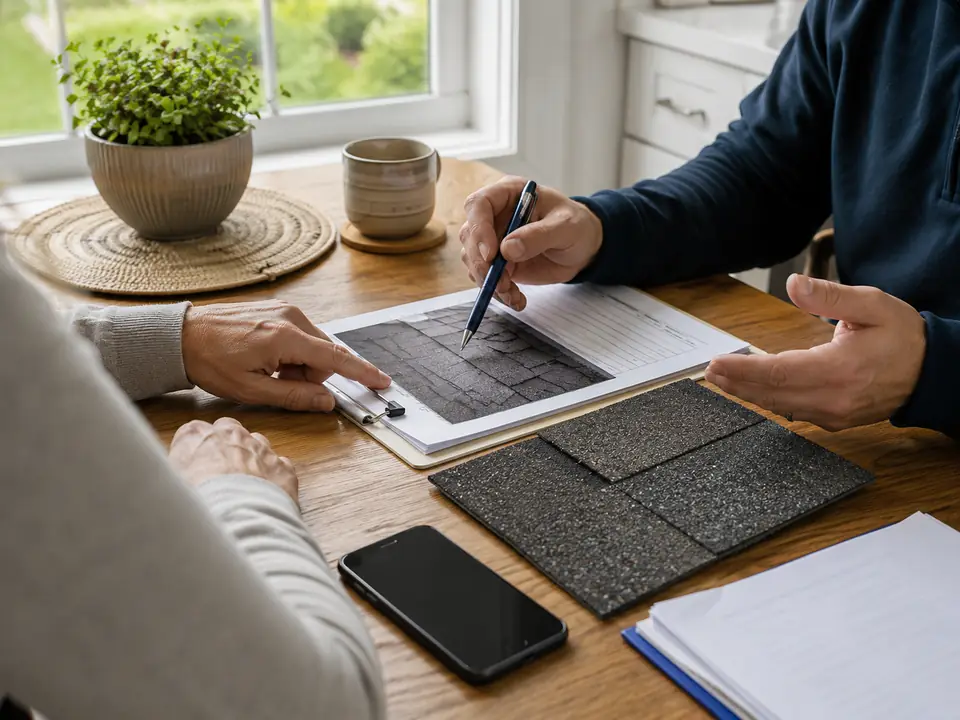Roofing paperwork and shingle sample for a Lexington roof claim discussion