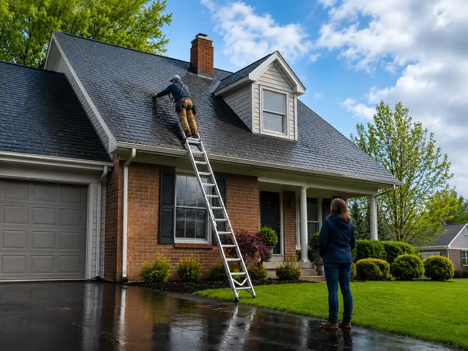 Roofer checking a Lexington home after a storm leak