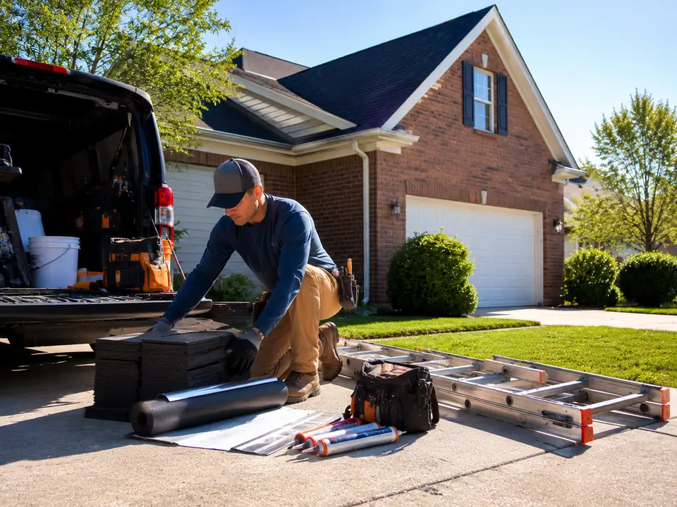 Roofer preparing same-day roof repair materials in Lexington
