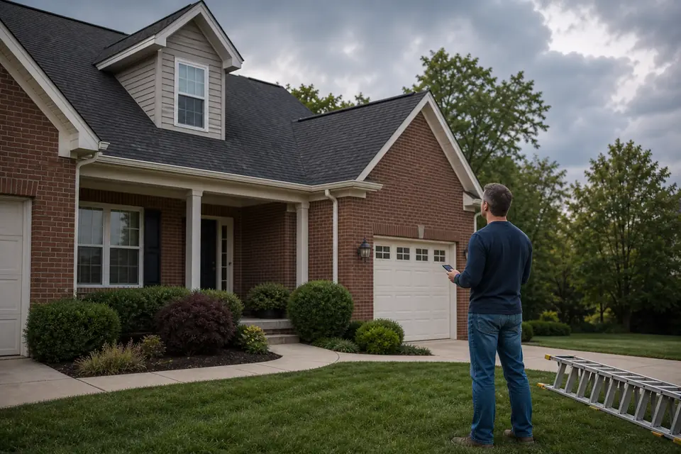 Homeowner checking a roof from the driveway before storm season in Lexington