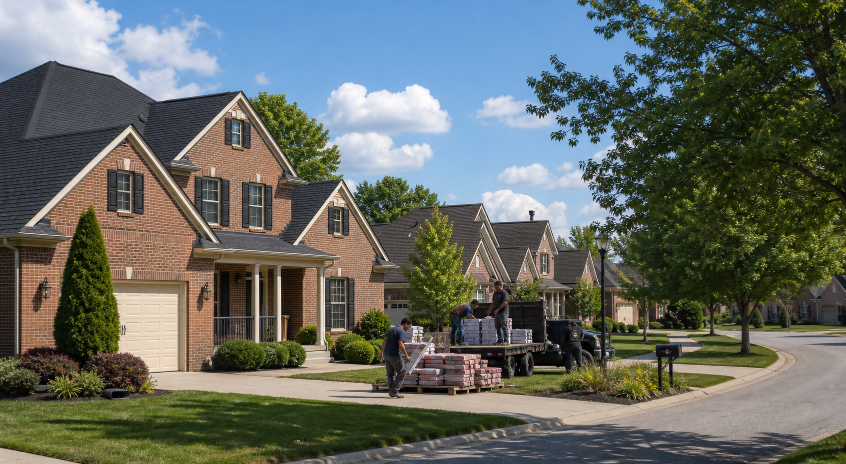 Central Kentucky neighborhood with roofing materials near a home