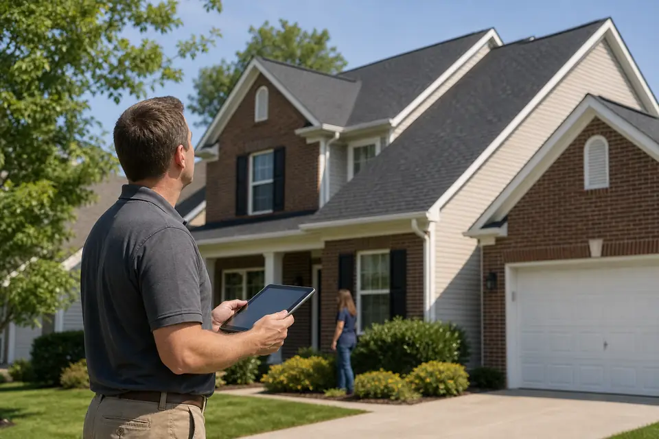 Roof inspector reviewing a Lexington home from the driveway
