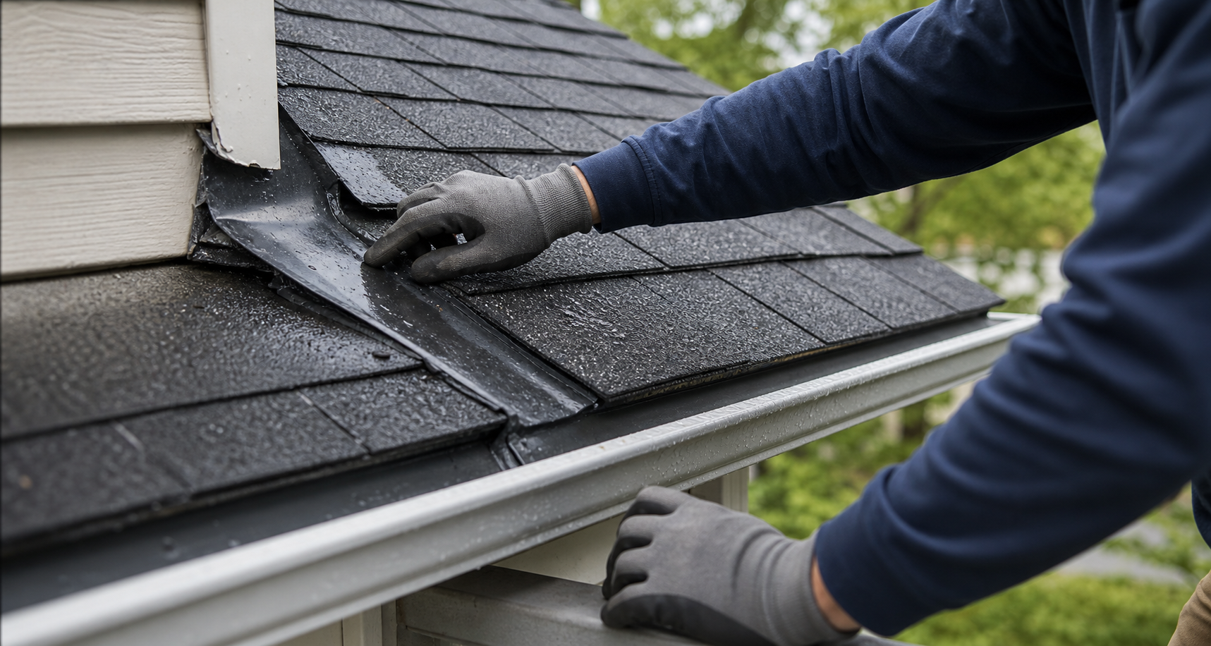 Gloved hands checking roof flashing near a gutter