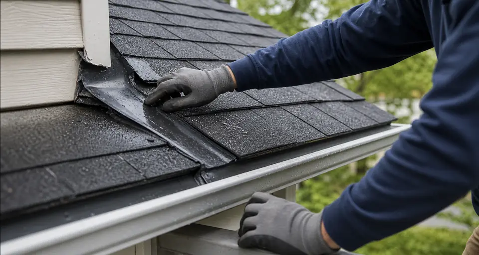 Gloved hands checking roof flashing near a gutter