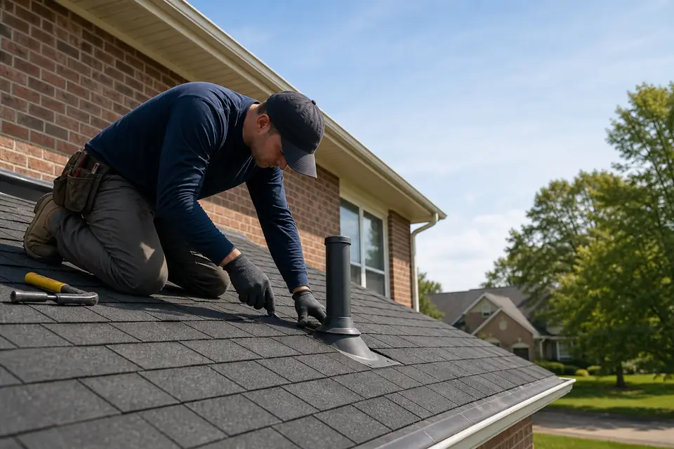 Roofer inspecting shingles on a Lexington home