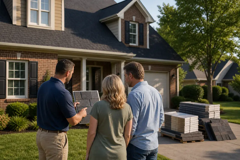 Roofing consultation outside a Lexington home
